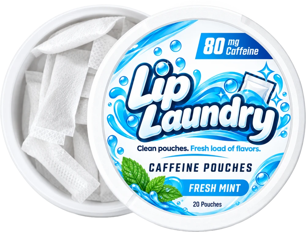 Lip Laundry Fresh Mint caffeine pouches, open can with 20 white pouches